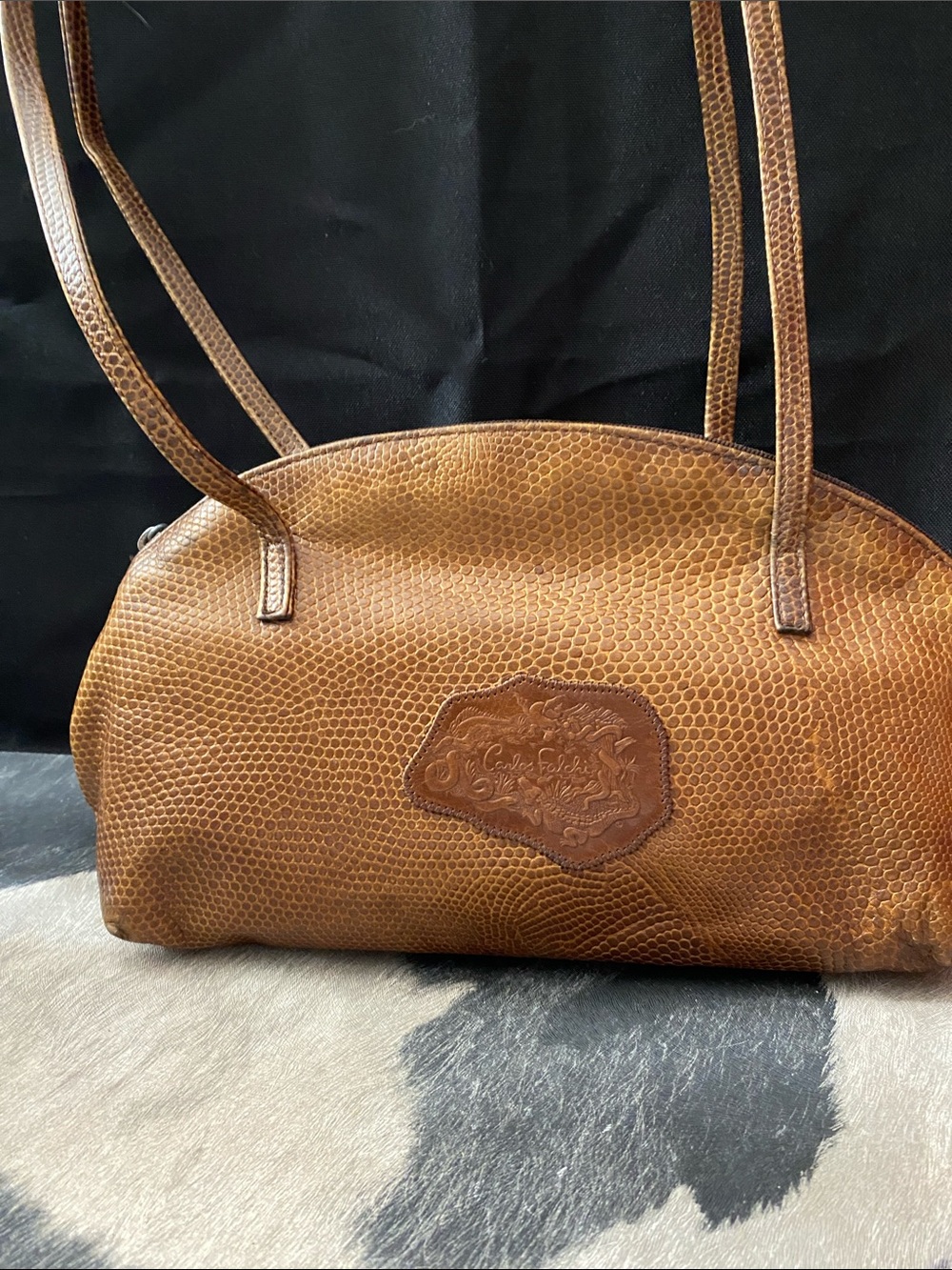 Carlos Falchi Honey Brown Tooled Leather Shoulder Bag